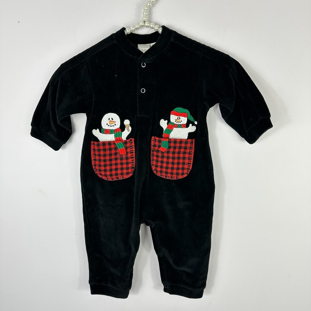 Vintage Mandal Bay Baby One Piece 6M Romper Black Velour Snowman‎ Christmas